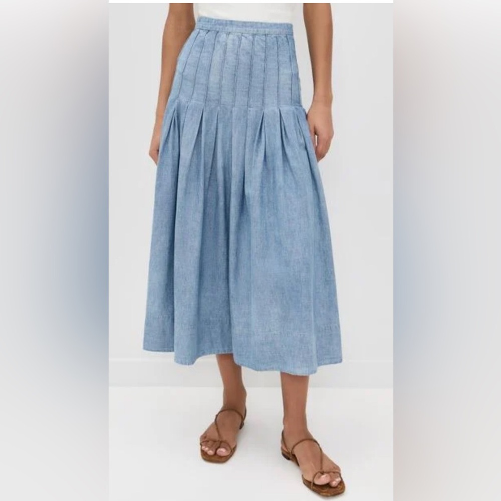 THE GREAT. Chambray Pleated Midi Skirt - Light Blue NEW- with tags attached